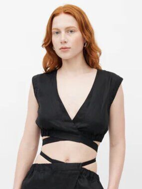 Nicholas Tarla Wrap Sleeveless Crop Top Black Linen Ramie Tank V Neck Plunge S